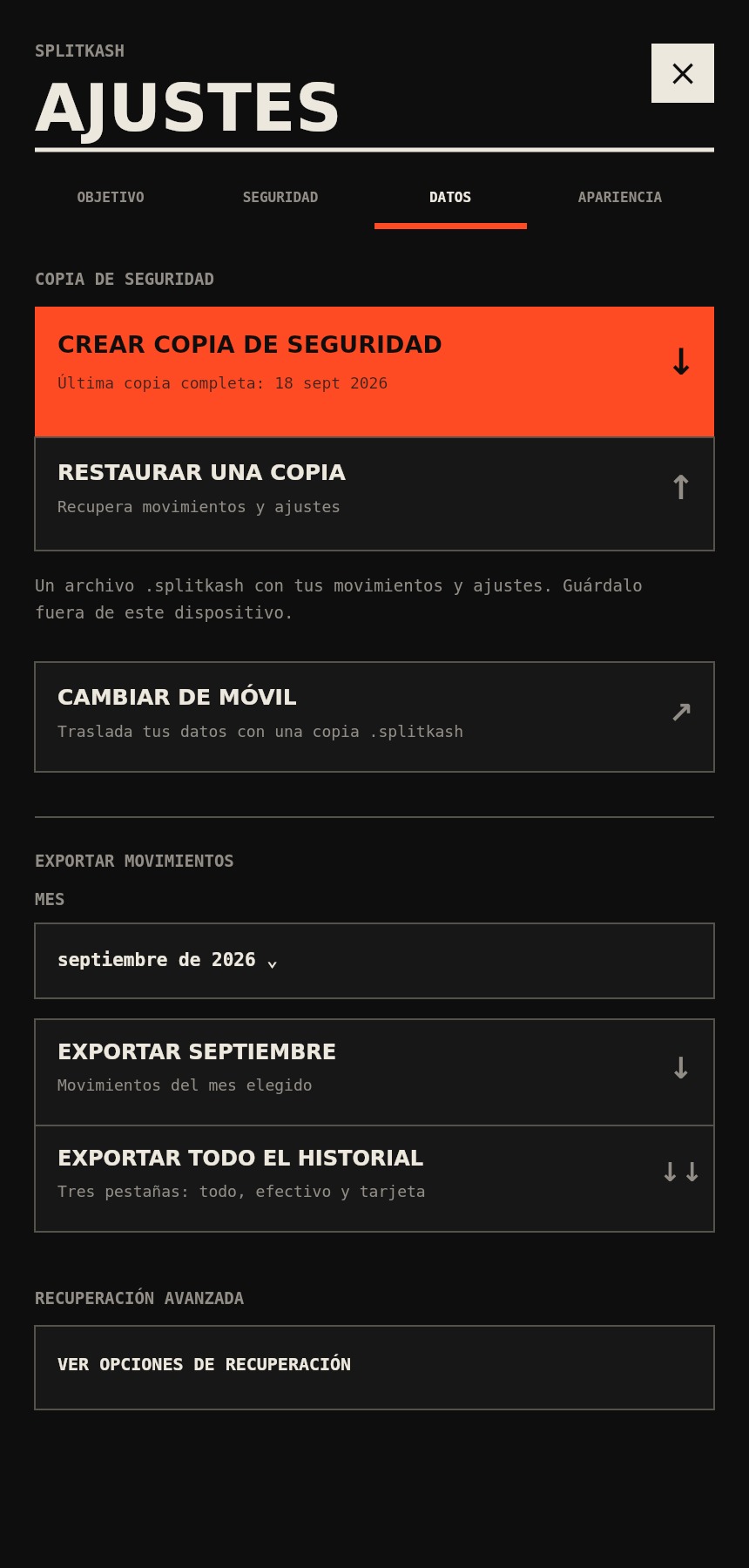 Pantalla real de Ajustes, Datos y copias de seguridad en SplitKash